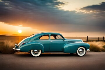 Fototapeta na wymiar Vintage car staying at sunset 