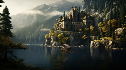 Castle on a Mountaintop beside river.Generative Ai - obrazy, fototapety, plakaty