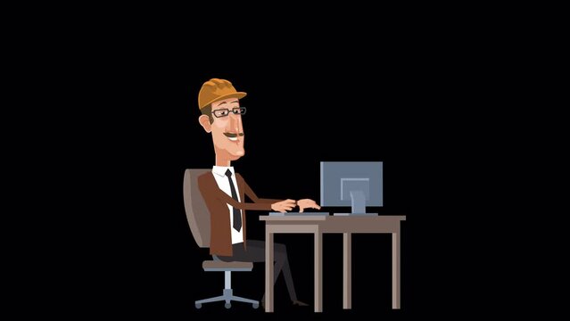 Cartoon design engineer character working with computer at workplace animation with alpha channel