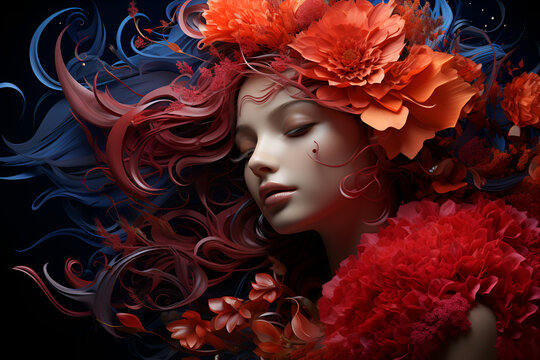 Beauty girl with flowers hairstyle. Abstract fantasy concept art illustration of imagined woman of nature with flowers on head. Generative ai