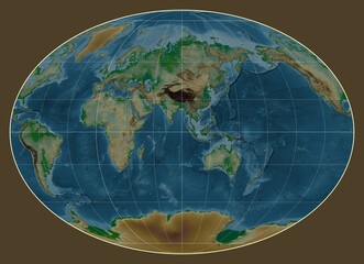 World map. Physical. Fahey projection. Meridian: 90 east