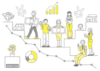 お金とライフプランのイメージ図　お金を持った男女と説明する男女