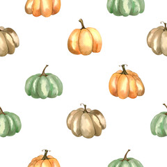 Autumn seamless pattern with orange pumpkins on a white background. Watercolor print for Thanksgiving, harvest day, autumn farm fair.