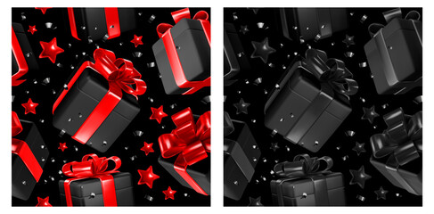 Black Friday Sale concept backgrounds. Luxury seamless patterns with 3d realistic black satin gift boxes with glossy black and red ribbon and bow flying with sequins and stars. Vector illustration