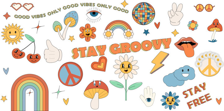 Groovy Hippie 70s Set. sticker pack.Funny cartoon flower, rainbow, peace, Love, heart, daisy, mushroom. Sticker pack in trendy retro psychedelic cartoon style. transparent background