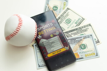 Baseball ball on stack of money isolated on white background. 3d illustration