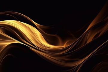Abstract 3d background. Wavy smoky glowing stripes in gold tones on a black background. Generative AI.