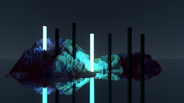 Loopable 3D Animation - Flickering neon light tubes on a small island at night.