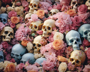 Bunch of colorful skulls in pastel spring flowers. Creative floral abstract scene for halloween party.