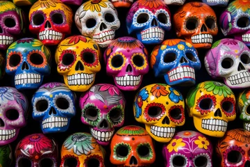 Fotobehang Schedel Mexican colorful skulls. Mexican / hispanic ceramic pottery Day of the Dead (Dia de los Muertos) skulls. Generative AI.