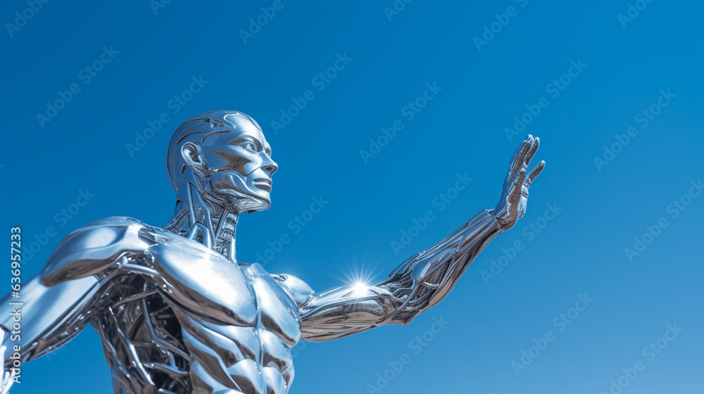 Wall mural artificial intelligent concept. robot arm hand and sky, digital ai touching cloud and blue sky by ge