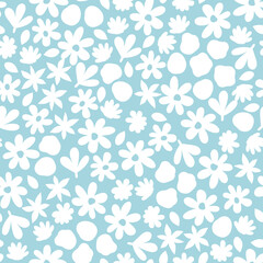 Soft floral seamless pattern with white hand drawn small isolated flowers and leaves on pastel blue background. Botanical allover print great for children’s clothing design