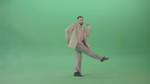 Man dancing shuffle jazz swing Boogie-woogie and jumping isolated over Green Screen - 4K Video Footage
