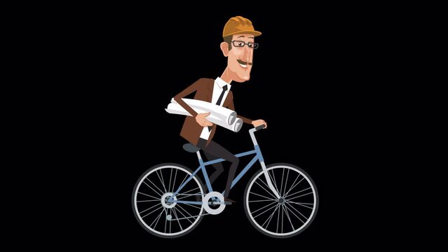 Cartoon design engineer character in helmet riding bicycle with rolls paper engineering drawings animation with alpha channel