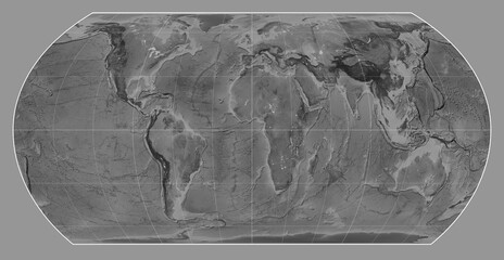 World map. Grayscale. Hatano Asymmetrical Equal Area projection. Meridian: 0