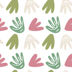 Minimalistic abstract seamless pattern in pastel natural colors. Simple stylized leaves or flowers with doodle elements. Design of fabrics, textiles, wrapping paper