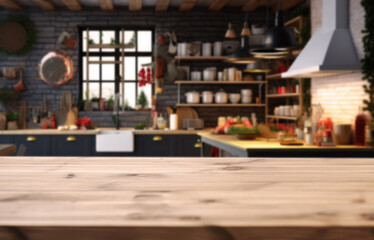 Empty wooden table on background christmas kitchen . Christmas background. Ready for product montage.Merry Christmas and Happy New Year! Banner. Mockup.Generative AI,