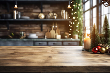 Fototapeta na wymiar Empty wooden table on background christmas kitchen . Christmas background. Ready for product montage.Merry Christmas and Happy New Year! Banner. Mockup.Generative AI,