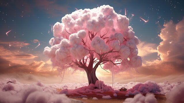A pink tree with fluff instead of leaves
