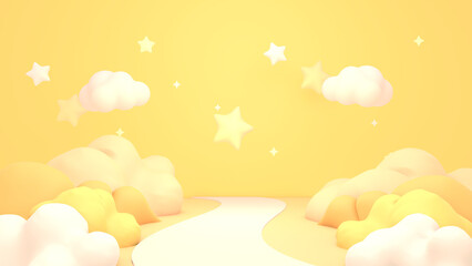 3d rendered cartoon yellow dreamy land with clouds and stars.