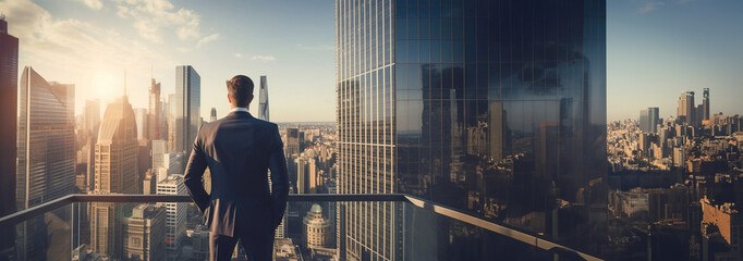 Handsome businessman standing on balcony, copy space. Created using Generative AI technology.