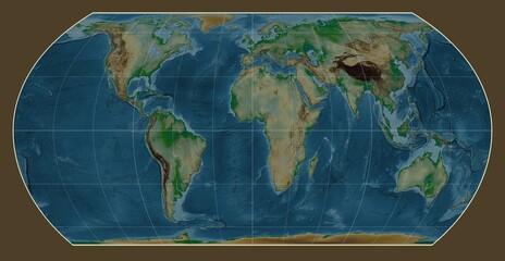 World map. Physical. Hatano Asymmetrical Equal Area projection. Meridian: 0