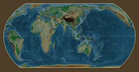 World map. Physical. Hatano Asymmetrical Equal Area projection. Meridian: 90 east
