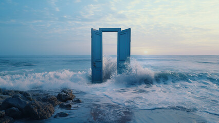 Frame with an open door on the background of the endless ocean