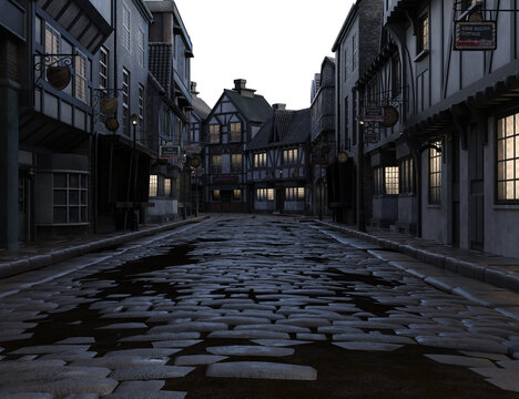 A 3d rendered fantasy backdrop of a dark Victorian town, inside an alley. Isolated on a transparent background