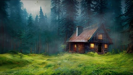 Wooden house in the middle of a pine forest when it rains with fog, repeated video 4k 30fps quality