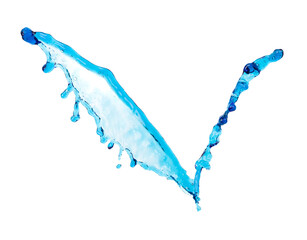 Shape form droplet of blue Water splashes into drop water line tube attack fluttering in air and stop motion freeze shot. Splash blue Water texture graphic resource elements, White background isolated