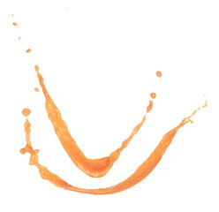 Orange Juice pouring down in Shape form line. Orange juicy fluttering explosion in air, liquid...