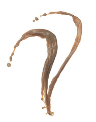 Milk Tea fall pouring down in Shape form line. Milk Ice coffee splash spill into drop, chocolate cocoa attack fluttering explosion in air. White background isolated, stop motion freeze shot.