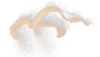 Small size fine Sand flying explosion, Golden grain wave explode. Abstract cloud fly. Yellow...