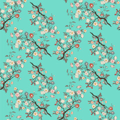 Vector seamless half-drop pattern, with flowers