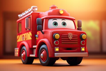 Cute Cartoon fire engine red colour 3d Character in a garage