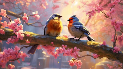 Asian birds on a branch of a cherry blossom tree. An illustration created with the generative Ai.