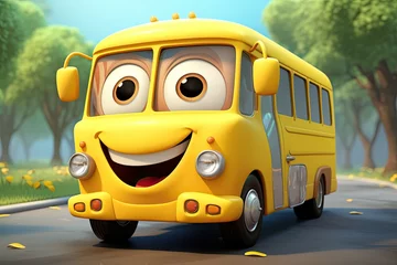 Gordijnen Cute friendly Cartoon character yellow colour school bus on a street © zakiroff