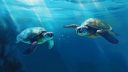 Obraz na płótnie Canvas Waste ocean of wild sea turtle in transparent plastic bag swimming underwater representing concept of environmental pollution. Generative AI illustration 