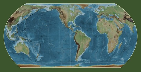 World map. Colored elevation. Hatano Asymmetrical Equal Area projection. Meridian: -90 west