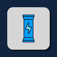 Filled outline Sports nutrition bodybuilding proteine power drink and food icon isolated on blue background. Vector