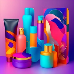 The image features a variety of colorful and abstract shapes in bright colors, such as purple, blue, orange, and pink. These shapes create a pattern that is featured on different cosmetic containers, 