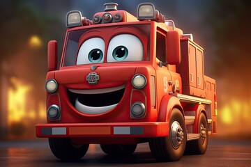 Cute Cartoon fire engine red colour 3d Character with big eyes on the street
