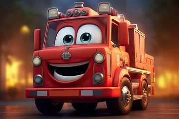 Afwasbaar Fotobehang Auto cartoon Cute Cartoon fire engine red colour 3d Character with big eyes on the street