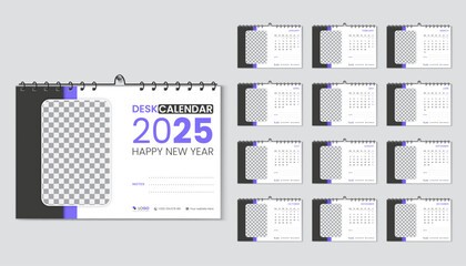 Desk calendar 2025 planner and corporate design template set, Annual calendar 2025 for 12 months, week starts Monday, abstract purple color shape with vector layout