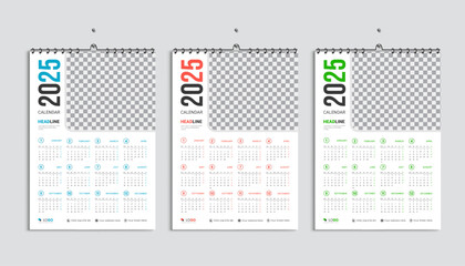 Wall calendar 2025 design template, week starting from Monday. Clean, elegant template schedule planner, abstract gradient color luxury concept, perfect use in home school college and office