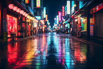 japan neon street at night wet street - obrazy, fototapety, plakaty