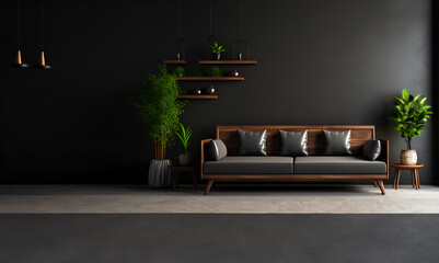Wooden sofa wall in living room interior, modern design, mock up furniture decorative interior. AI Generative.