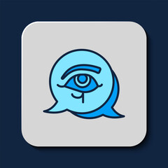 Filled outline Eye of Horus icon isolated on blue background. Ancient Egyptian goddess Wedjet symbol of protection, royal power and good health. Vector