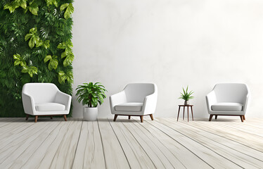 Modern armchairs and empty white pattern wall in living room. AI Generative.